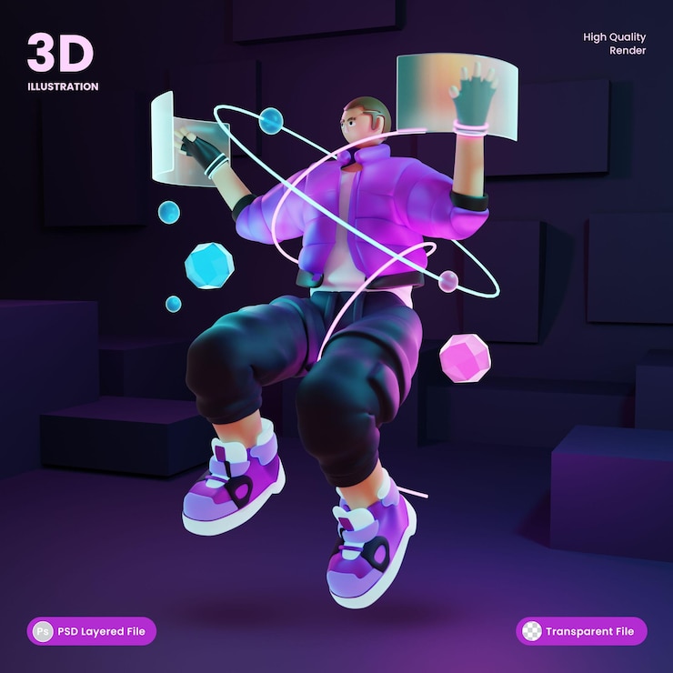 PSD 3d иллюстрация футуристического персонажа метавселенной с виртуальными и цифровыми технологиями