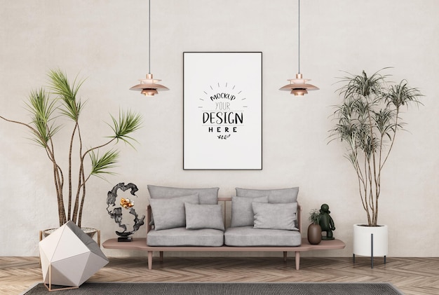 3D illustration Mockup photo frame in living room rendering