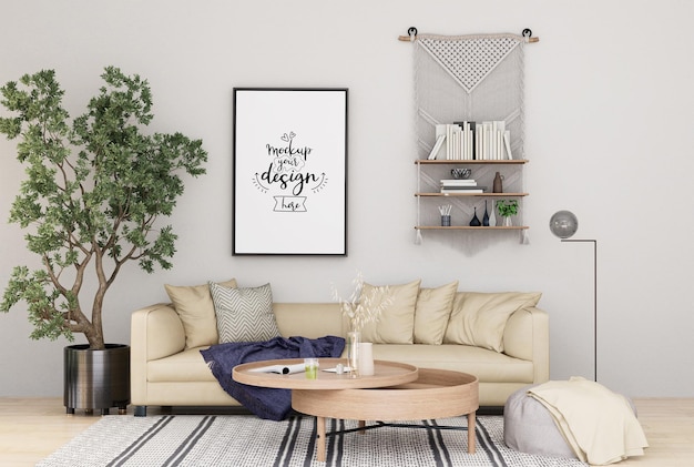 3D illustration Mockup photo frame in living room rendering