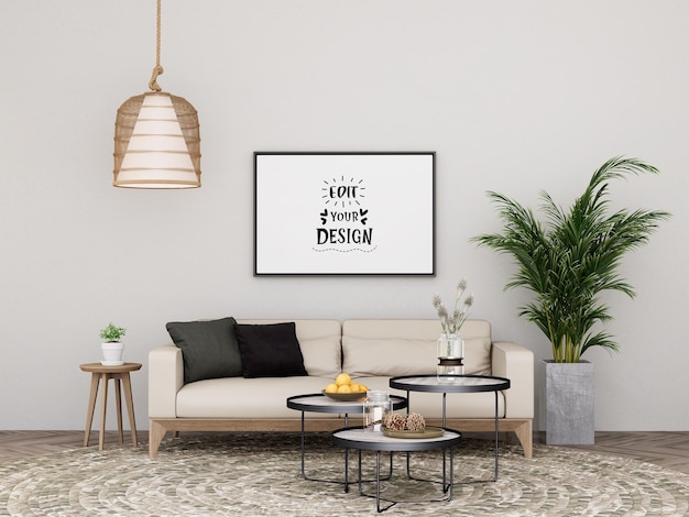 3d illustration mockup photo frame in living room rendering