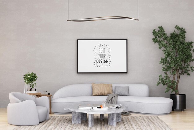 Illustrazione 3d cornice per foto mockup nel rendering del soggiorno