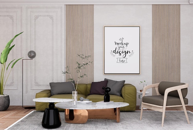 3d illustration mockup photo frame in living room rendering