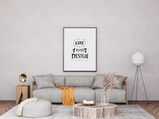 3D illustration Mockup photo frame in living room rendering