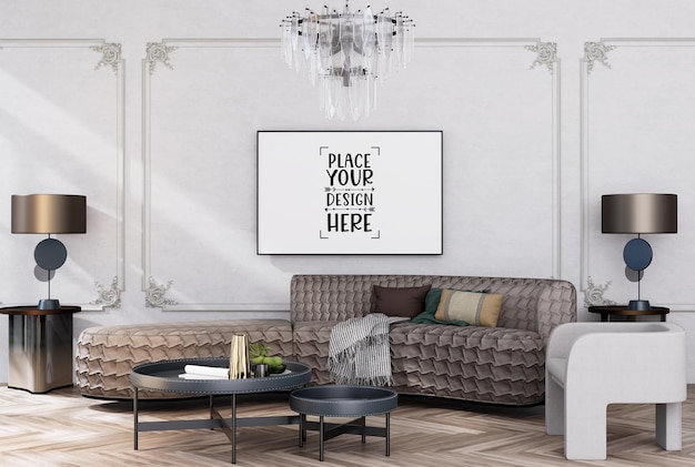 3D illustration Mockup photo frame in living room rendering