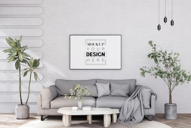 Illustrazione 3d cornice per foto mockup nel rendering del soggiorno