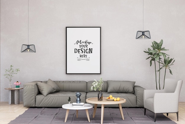 3d illustration mockup photo frame in living room rendering