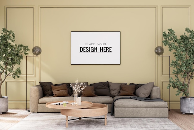 3D illustration Mockup photo frame in living room rendering