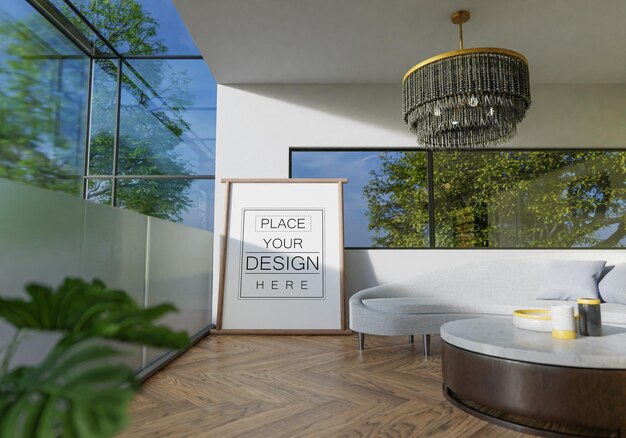 3d illustration mockup photo frame in living room rendering