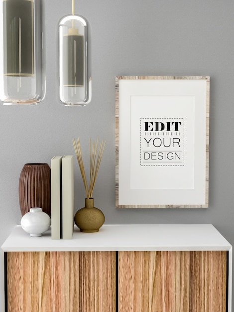 3d illustration mockup photo frame in living room rendering