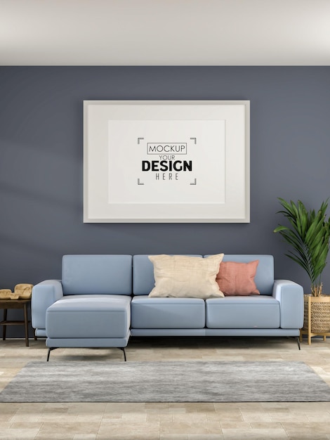 Illustrazione 3d cornice per foto mockup nel rendering del soggiorno