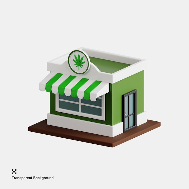 PSD illustrazione 3d di un moderno dispensario di cannabis che offre prodotti a base di erbe