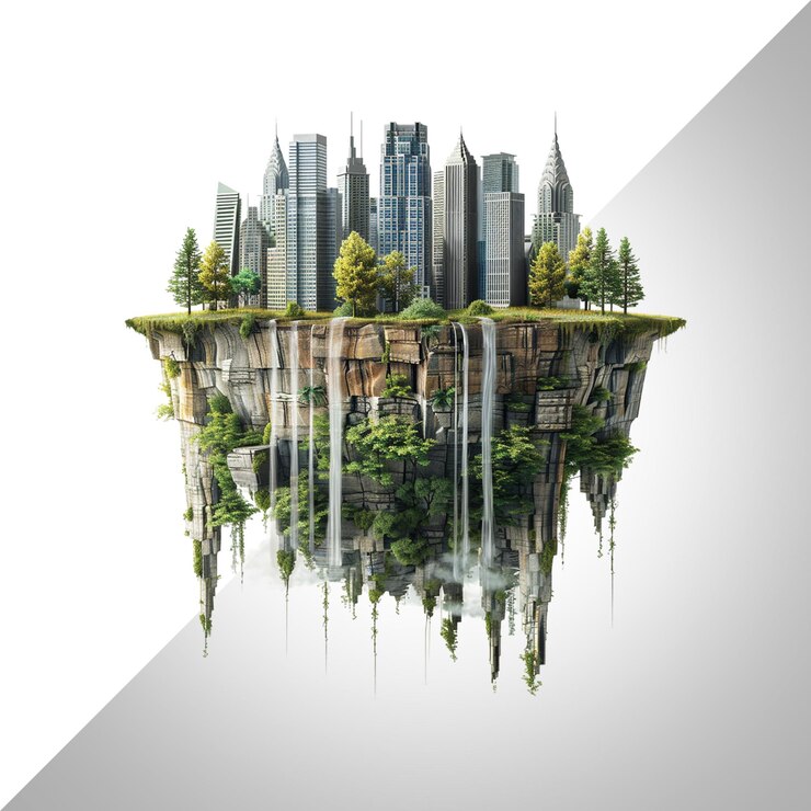 PSD 3d illustration modern city skyscrapers floating isolated on transparent backgroundpsd