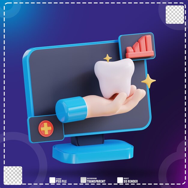 PSD 3d illustration monitor showing hand holding teeth 2