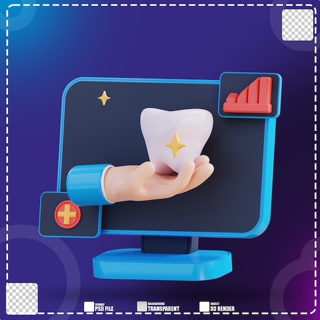 PSD 3d illustration monitor showing hand holding teeth 3