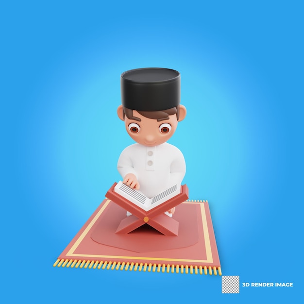 3d illustration of muslim character reading the quran