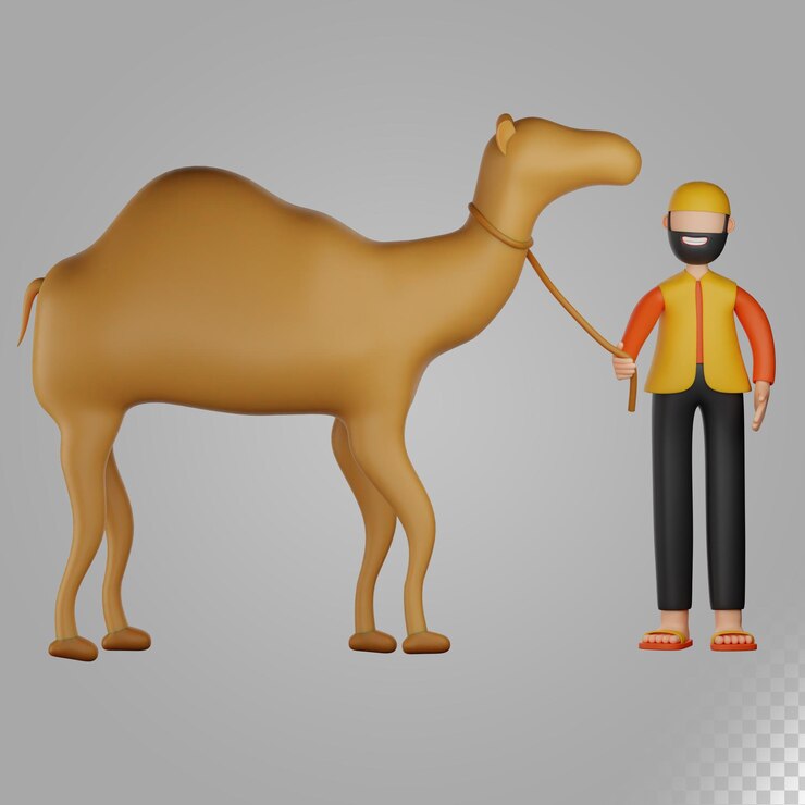 PSD 3d illustration muslim man holding camel to celebrate eid al adha