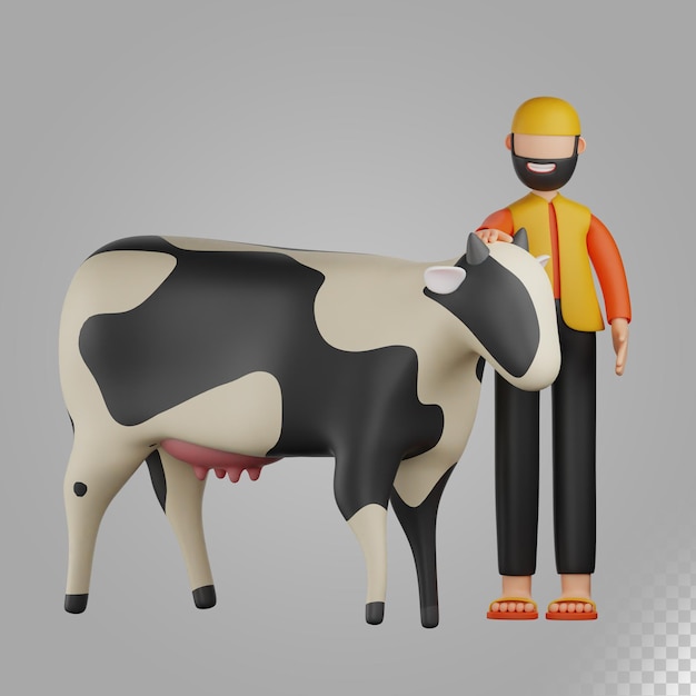 PSD 3d illustration muslim man with cow to celebrate eid al adha