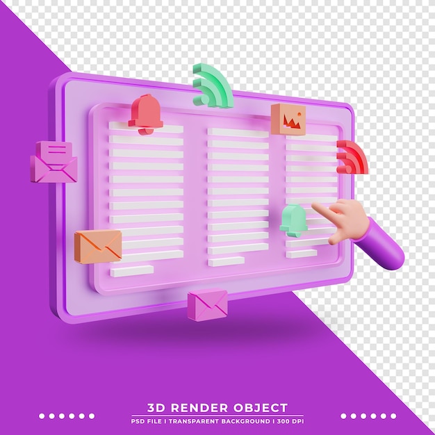 3d illustration notice on website with hand cartoon character technology illustration 3d rendering