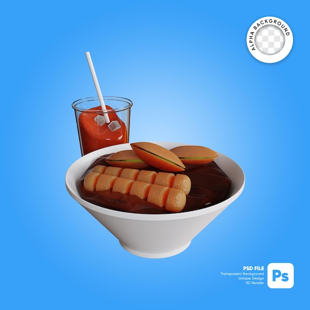 식초와 아이스티를 곁들인 인도네시아 전통 음식 펨펙 한 그릇의 3d 삽화