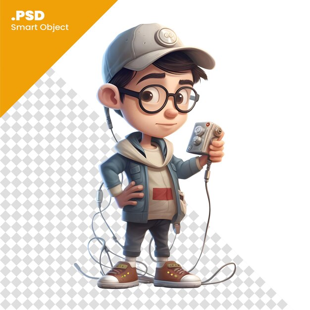 PSD 電気ケーブルを保持しているヘルメットとオーバーオールを着た少年の 3 d イラストレーション psd テンプレート