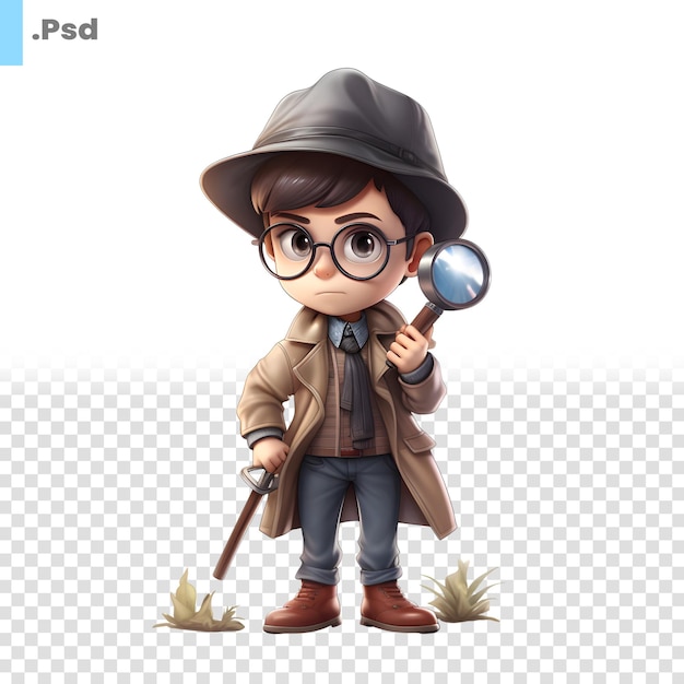 PSD 3d-иллюстрация мальчика с увеличительным стеклом и шапкой