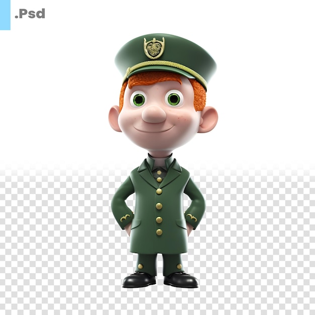 PSD 조종사 모자와 녹색 유니폼 psd 템플릿이 있는 만화 캐릭터의 3d 그림