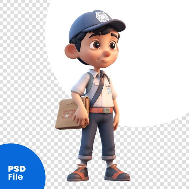 PSD 3d-иллюстрация персонажа мультфильма с полицейской шапкой и шаблоном униформы psd