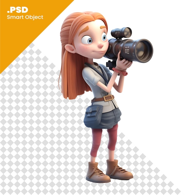 3d-иллюстрация девушки из мультфильма с камерой на белом фоне psd шаблон