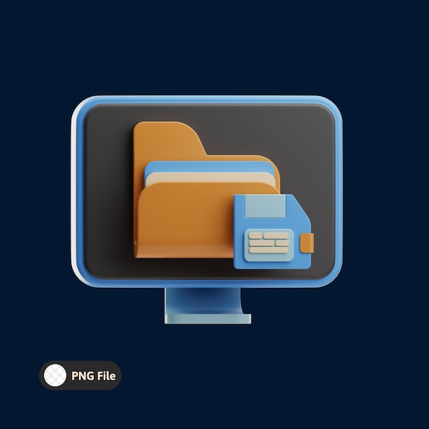 3D illustration of a computer monitor with a folder and save icon