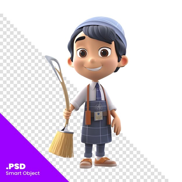 PSD 빗자루와 앞치마 psd 템플릿을 가진 귀여운 소년의 3d 일러스트