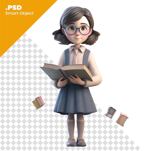 PSD 眼鏡と本のpsdテンプレートを持つ可愛い漫画の女の子の3dイラスト