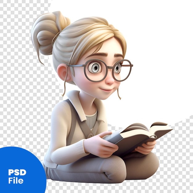 PSD 3d-иллюстрация симпатичной девушки из мультфильмов в очках, читающей книгу psd-шаблон