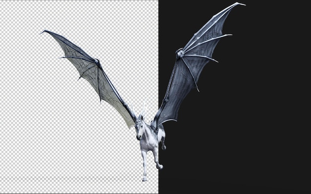 PSD 3dイラスト: 黒い背景で孤立したファンタジー馬のクリッピングパス 悪魔の翼