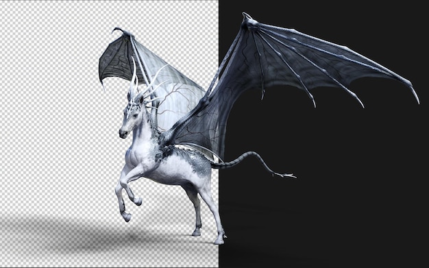 PSD 3dイラスト: 黒い背景で孤立したファンタジー馬のクリッピングパス 悪魔の翼