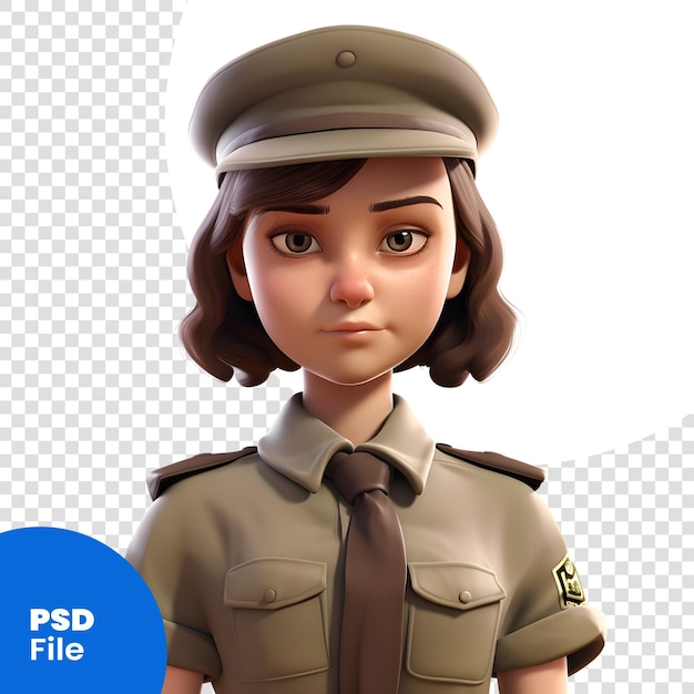 PSD 3d-иллюстрация женщины-солдата в кепке и униформе цвета хаки, psd шаблон