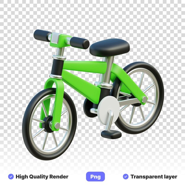 PSD 透明な背景の黒い座席と緑色のタイヤを持つ緑色の自転車の3dイラスト