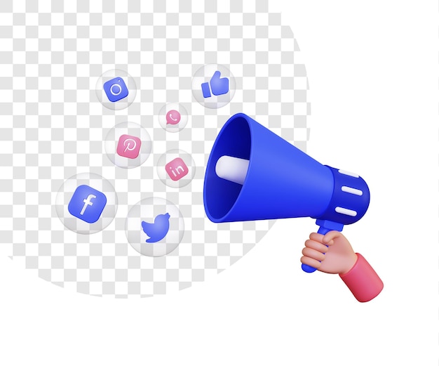 3d illustration of a hand holding a megaphone loudspeaker and social media icons inside a bubble