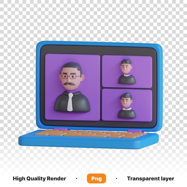 PSD 透明な背景でビデオコールをしている男の写真を描いたラップトップの3dイラスト