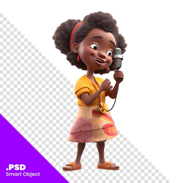 PSD 마이크 psd 템플릿을 들고 있는 어린 아프리카계 미국인 소녀의 3d 그림