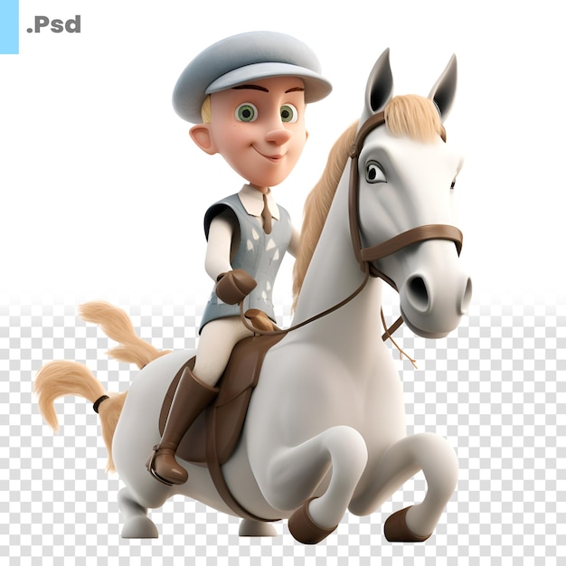 PSD 3d иллюстрация маленького мальчика верхом на лошади изолированный белый фон psd шаблон