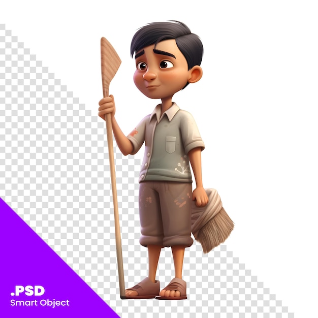 PSD 白い背景に分離されたほうきの柄を持つ小さな男の子の 3 d イラストレーション psd テンプレート