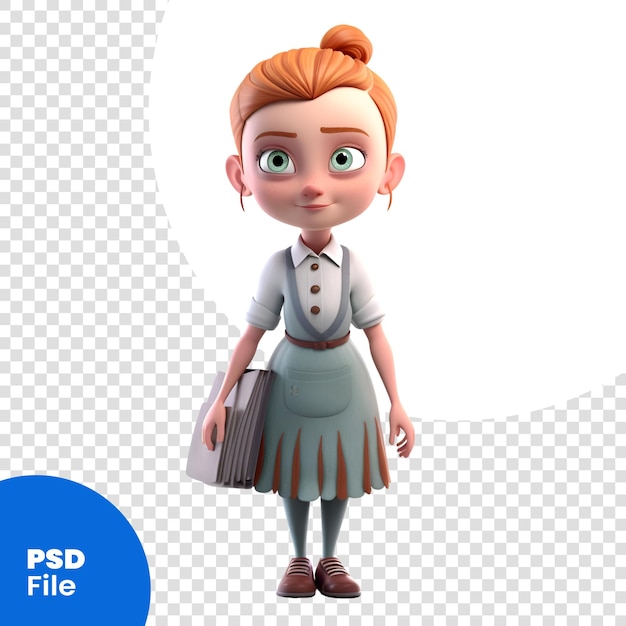 PSD 3d-иллюстрация маленькой рыжеволосой девушки с портфелем psd шаблона