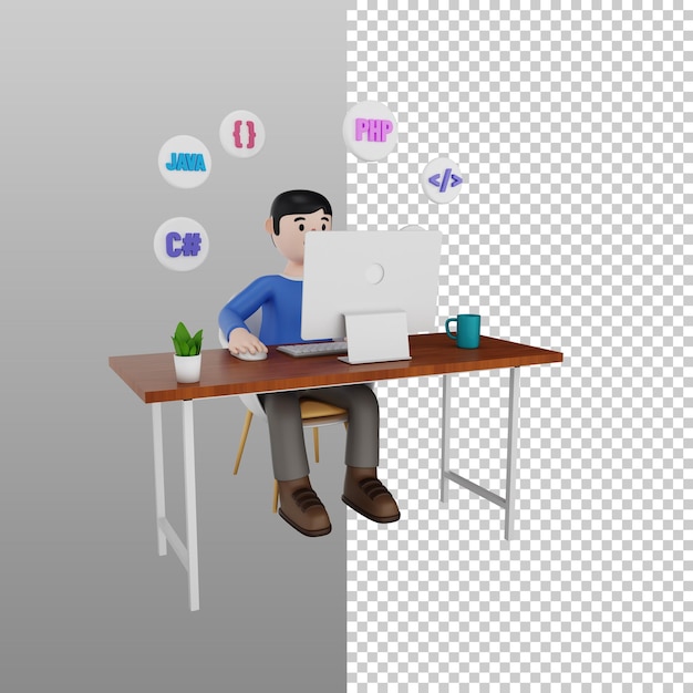 3D Illustration of a Programmer Working at a Computer with Transparent Background