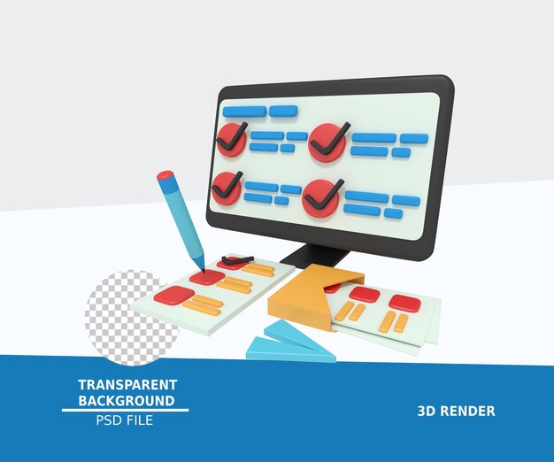 PSD コンピューター上の調査チェックリストの3dイラスト