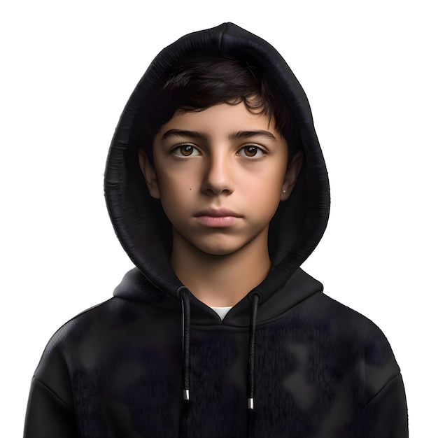 PSD 白い背景に隔離された黒いフードを着た十代の男の子の3dイラスト