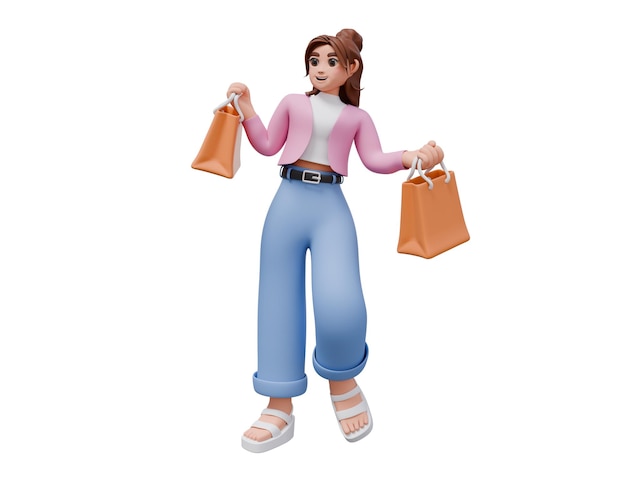 3D illustration of a woman holding two orange shopping bags
