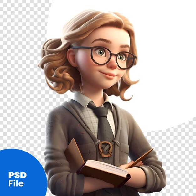 PSD 3d-иллюстрация молодой деловой женщины с очками и шаблоном psd книги