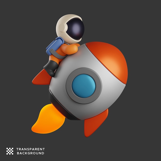 3d иллюстрация космонавта на запущенной ракете. милый дизайн персонажей