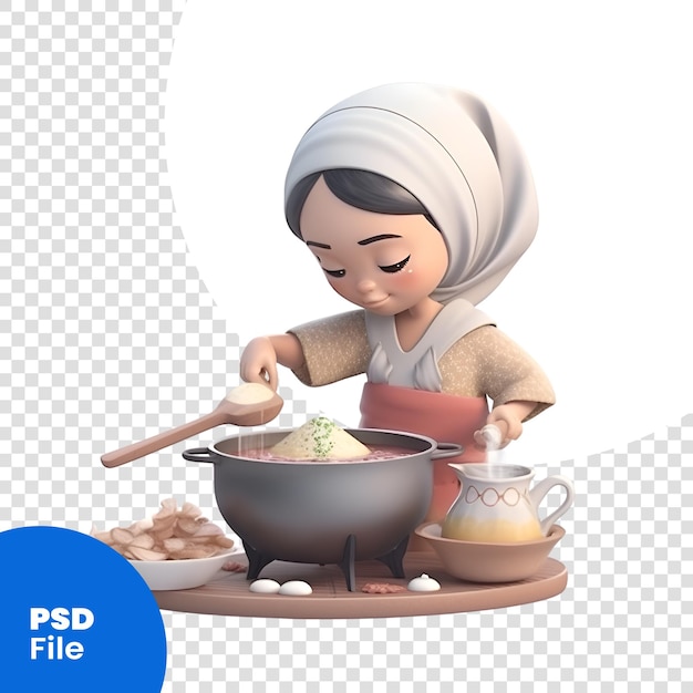 PSD 鍋でスープを調理しているアジアのイスラム教徒の女性の3dイラスト psdテンプレート