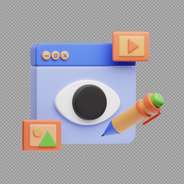 3D illustration of blue and grey computer screen with a picture of a lens in transparent background